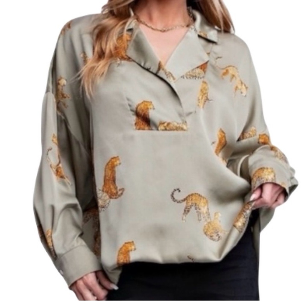 Easel sage green cheetah print top, size L, NWT - Picture 2 of 14